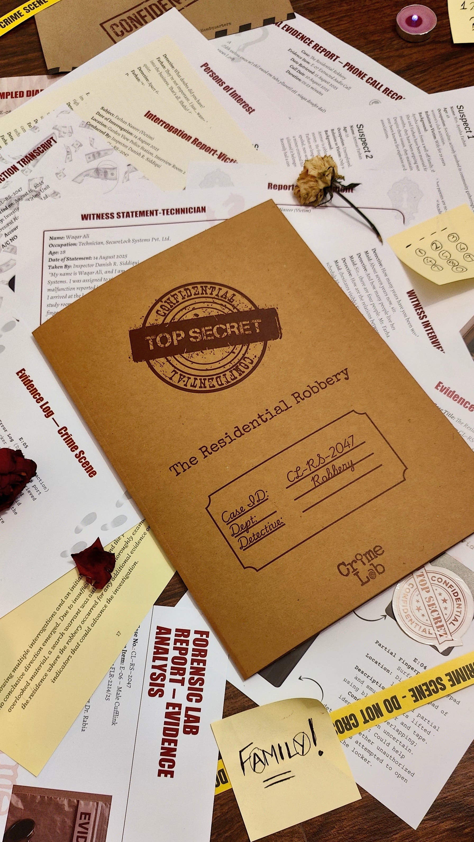 Brown case file with 'Top Secret' stamp on a table with various documents and evidence labels.