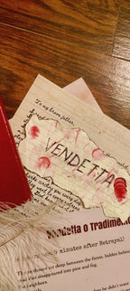 Close-up of a case file with text and red ink stains on a wooden surface