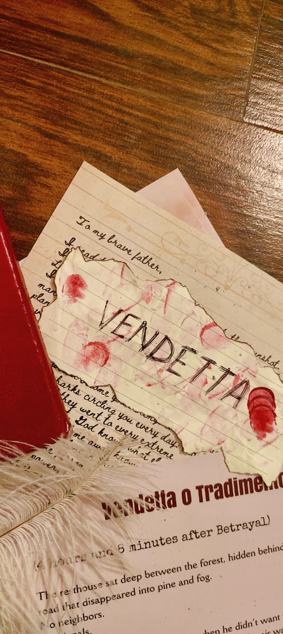 Close-up of a case file with text and red ink stains on a wooden surface