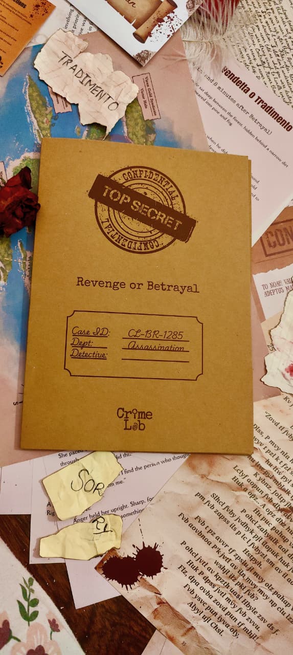 Brown case file 'Top Secret: Revenge or Betrayal' by Crime Lab on a textured surface with papers and tags.