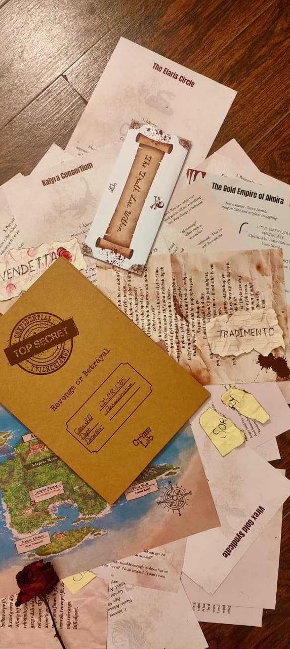 Collection of incident reports, map, evidences, envelop and a brown case file on a wooden surface