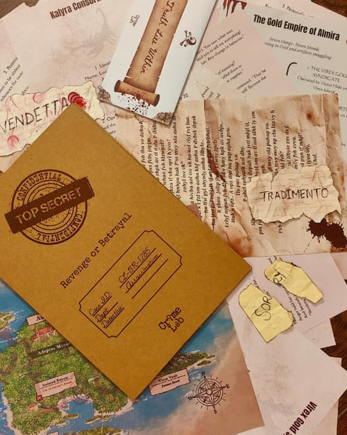 Collection of incident reports, map, evidences, envelop and a brown case file on a wooden surface