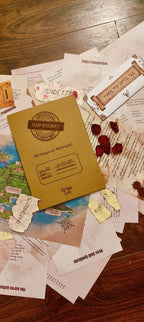 Collection of incident reports, map, evidences, envelop and a brown case file on a wooden surface