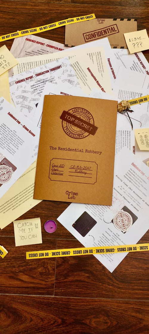 Brown case file with a logo on a wooden surface with scattered papers and yellow crime scene tape.