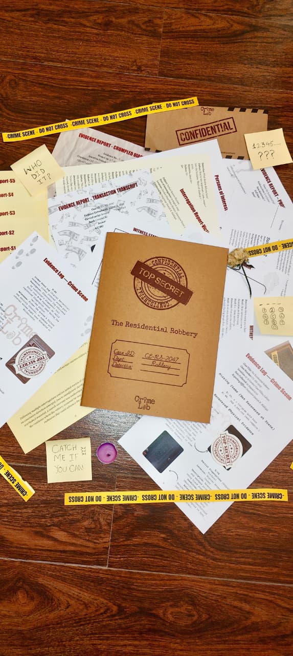 Brown case file with a logo on a wooden surface surrounded by yellow caution tape and papers.