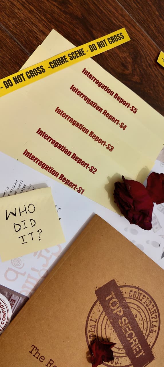 Investigative-themed items including a 'Do Not Cross' tape, 'Interrogation Report' forms, and a 'Top Secret!' case file on a wooden surface.