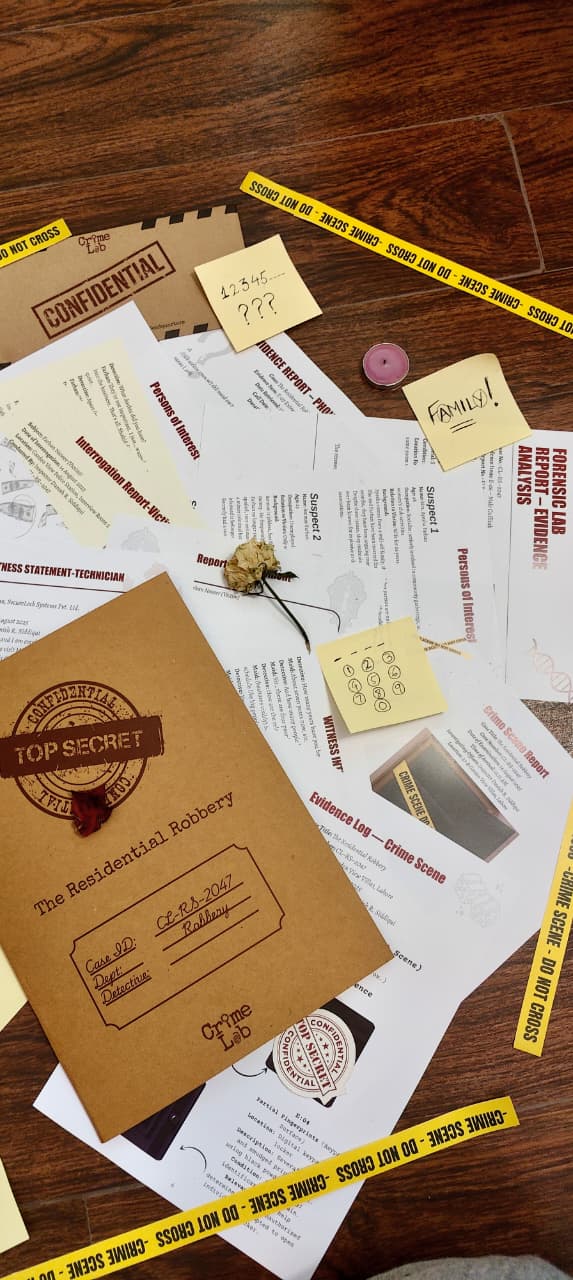 Collection of documents and a top-secret envelope on a wooden surface with yellow caution tape.