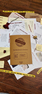 Brown case file with a logo on top of scattered papers and yellow police tape on a wooden surface