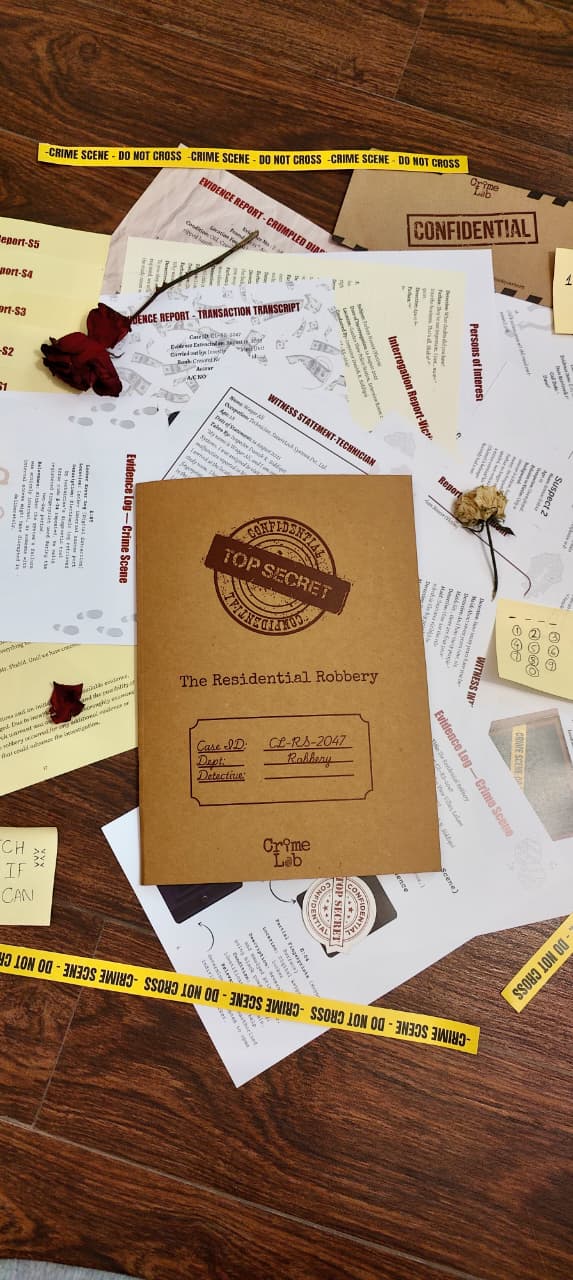 Brown case file with a logo on top of scattered papers and yellow police tape on a wooden surface