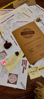 Brown case file with 'Top Secret' stamp on a surface with various documents and items.
